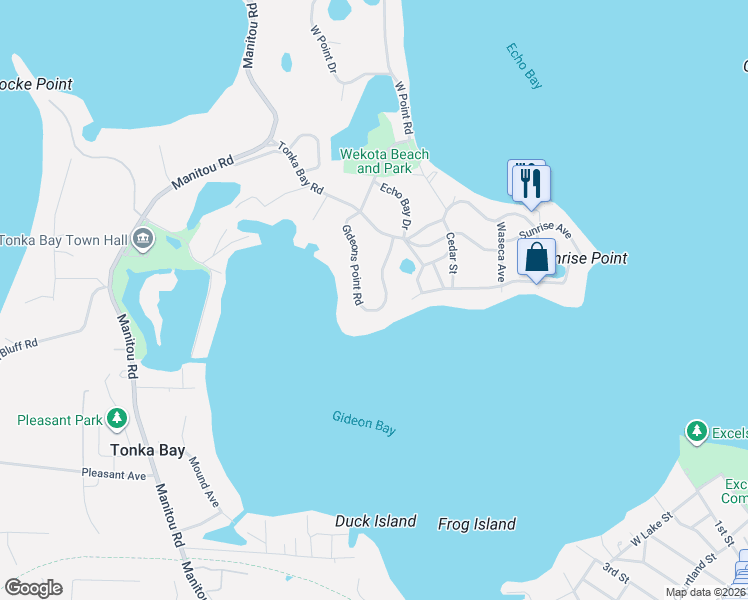 map of restaurants, bars, coffee shops, grocery stores, and more near 65 Gideons Point Road in Excelsior