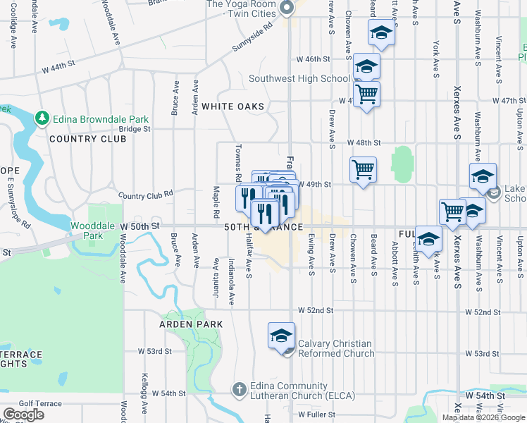 map of restaurants, bars, coffee shops, grocery stores, and more near 4950 France Avenue South in Edina