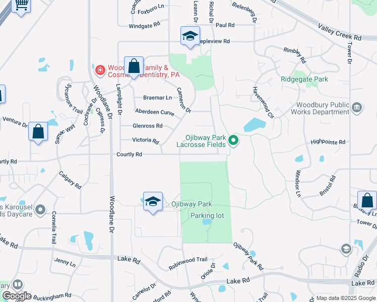 map of restaurants, bars, coffee shops, grocery stores, and more near 7300 Courtly Road in Woodbury