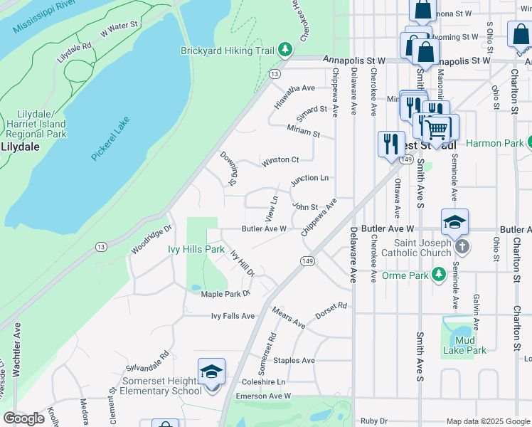 map of restaurants, bars, coffee shops, grocery stores, and more near 1055 View Lane in Mendota Heights
