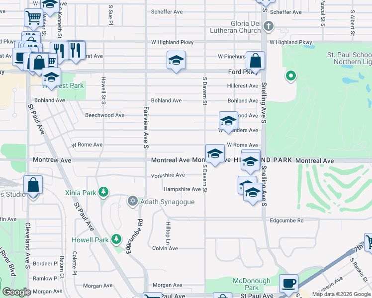 map of restaurants, bars, coffee shops, grocery stores, and more near 1743 Montreal Avenue in Saint Paul