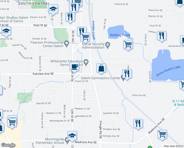map of restaurants, bars, coffee shops, grocery stores, and more near Pringle Rd SE & Fairview Ave SE in Salem