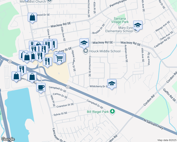 map of restaurants, bars, coffee shops, grocery stores, and more near 4451 Benham Avenue Southeast in Salem