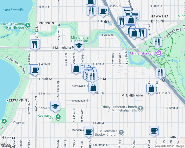 map of restaurants, bars, coffee shops, grocery stores, and more near 4936 35th Avenue South in Minneapolis