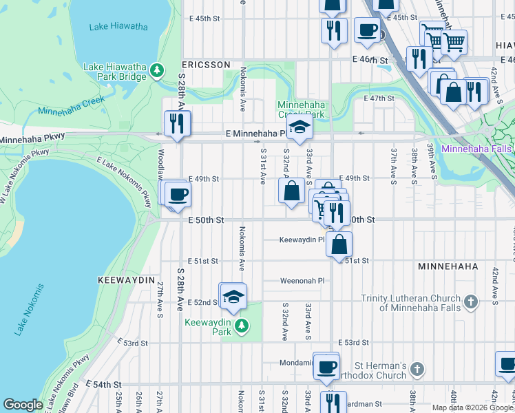 map of restaurants, bars, coffee shops, grocery stores, and more near 4949 Nokomis Avenue in Minneapolis