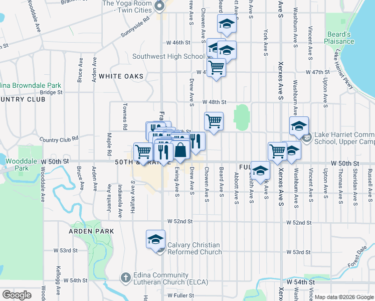map of restaurants, bars, coffee shops, grocery stores, and more near 4940 Drew Avenue South in Minneapolis