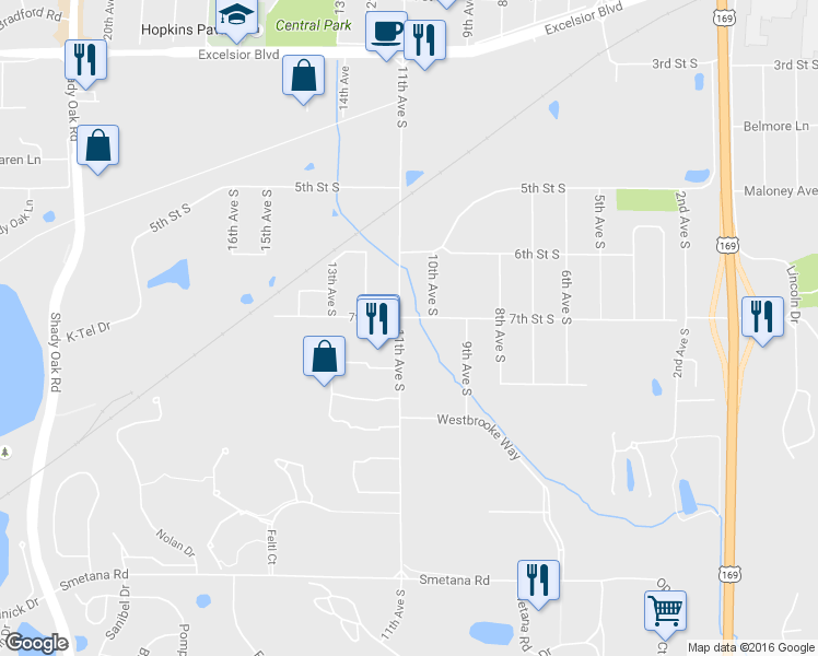 map of restaurants, bars, coffee shops, grocery stores, and more near 707 11th Avenue South in Hopkins