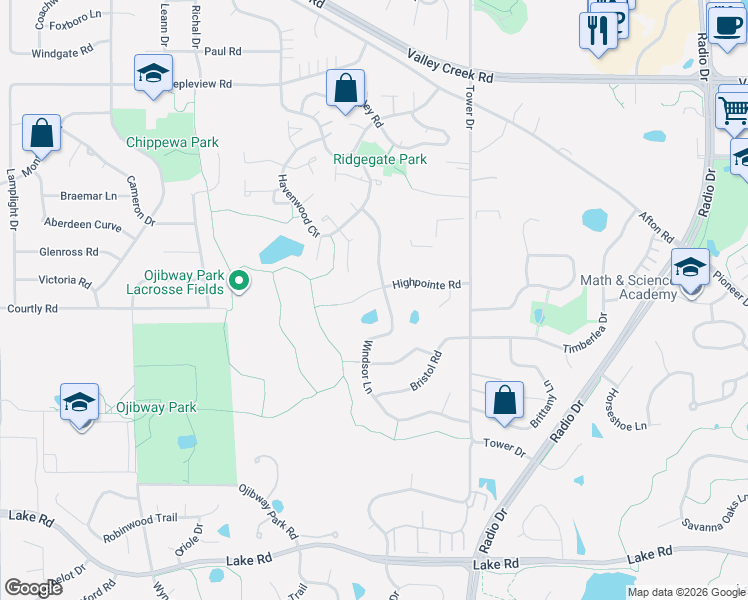 map of restaurants, bars, coffee shops, grocery stores, and more near 7769 Highpointe Road in Woodbury