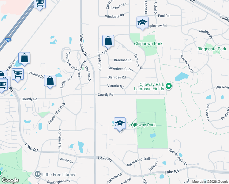 map of restaurants, bars, coffee shops, grocery stores, and more near 7148 Courtly Road in Woodbury