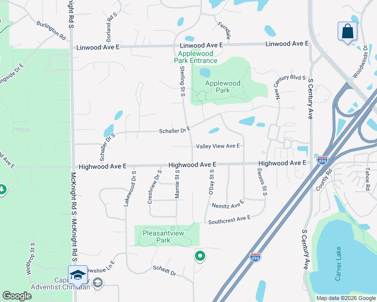 map of restaurants, bars, coffee shops, grocery stores, and more near 2480 Valley View Avenue in Saint Paul