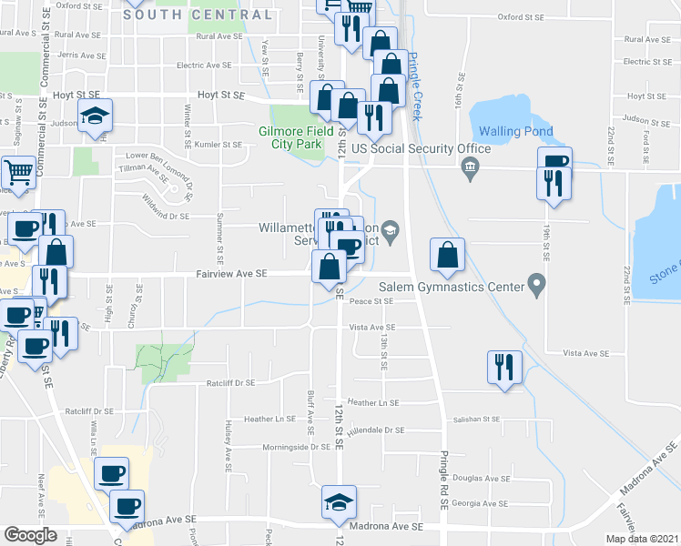 map of restaurants, bars, coffee shops, grocery stores, and more near 12th St SE & Fairview Ave SE in Salem