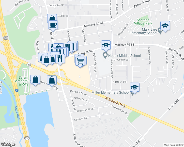 map of restaurants, bars, coffee shops, grocery stores, and more near 1396 Glacier View Street Southeast in Salem