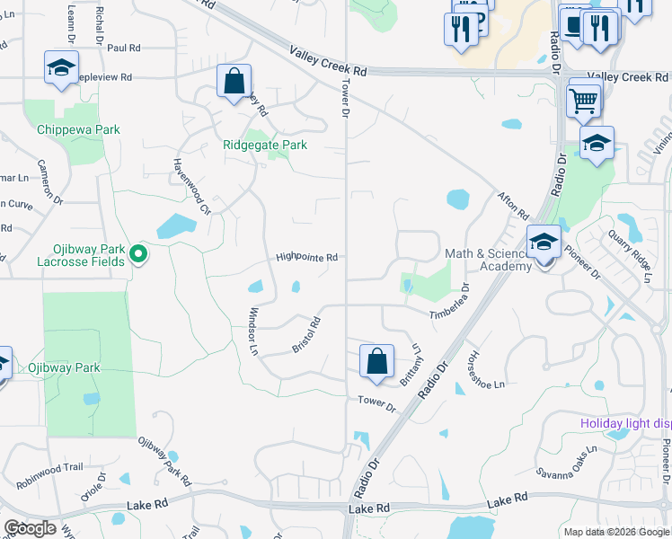 map of restaurants, bars, coffee shops, grocery stores, and more near 2466 Tower Drive in Woodbury