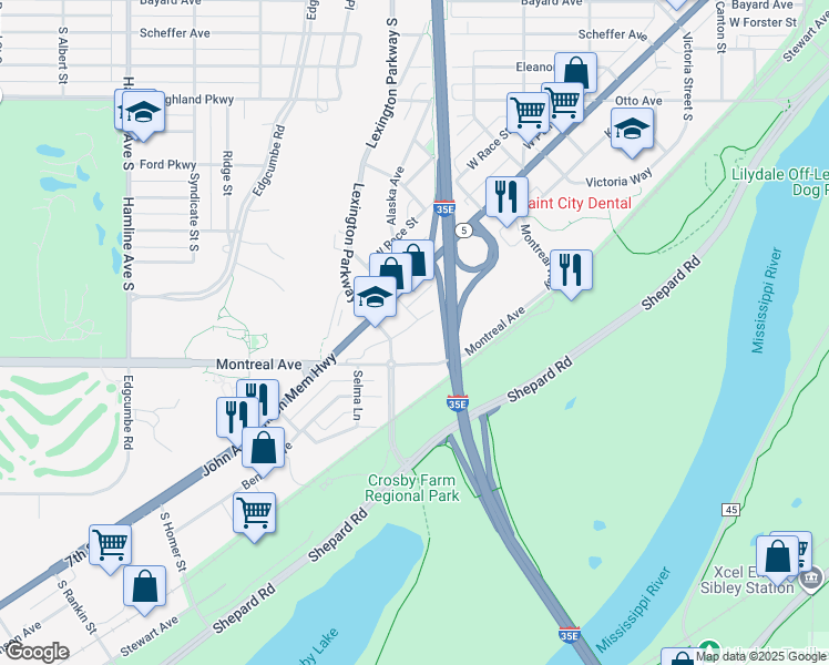 map of restaurants, bars, coffee shops, grocery stores, and more near 1085 Montreal Avenue in Saint Paul