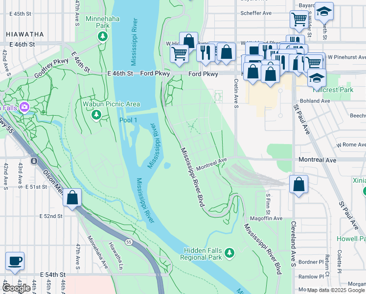 map of restaurants, bars, coffee shops, grocery stores, and more near 975-1199 South Mississippi River Boulevard in Saint Paul