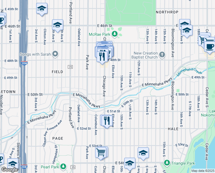 map of restaurants, bars, coffee shops, grocery stores, and more near 4935 Chicago Avenue in Minneapolis