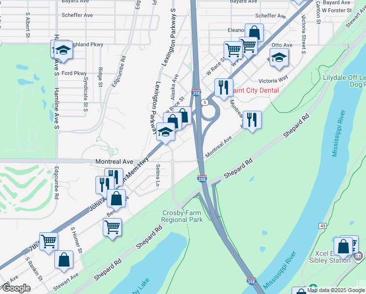map of restaurants, bars, coffee shops, grocery stores, and more near 1085 Montreal Avenue in Saint Paul