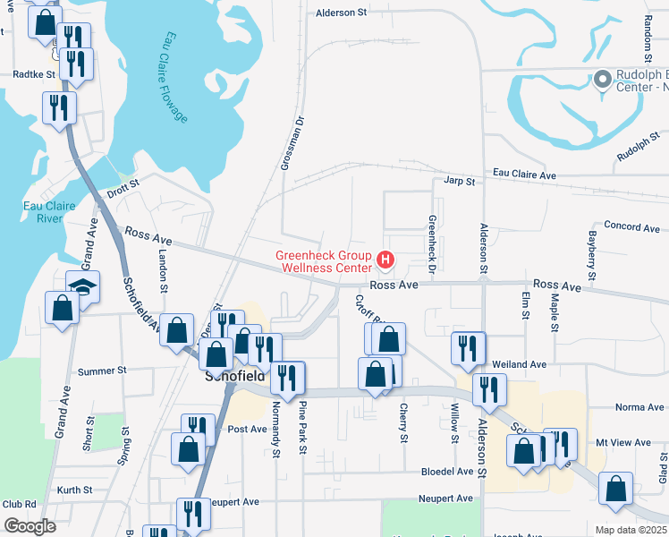 map of restaurants, bars, coffee shops, grocery stores, and more near 1135 Pine Street in Schofield