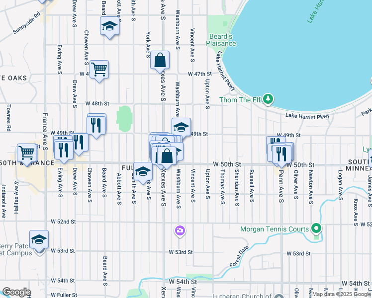 map of restaurants, bars, coffee shops, grocery stores, and more near 4912 Vincent Avenue South in Minneapolis