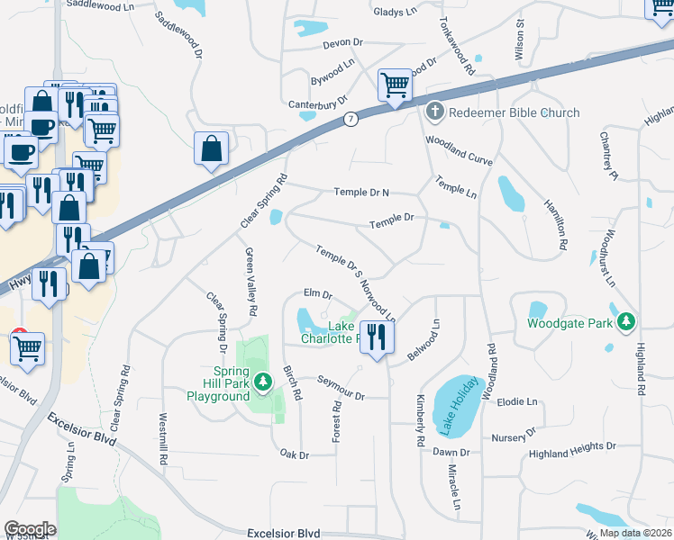 map of restaurants, bars, coffee shops, grocery stores, and more near 16600 Elm Drive in Minnetonka