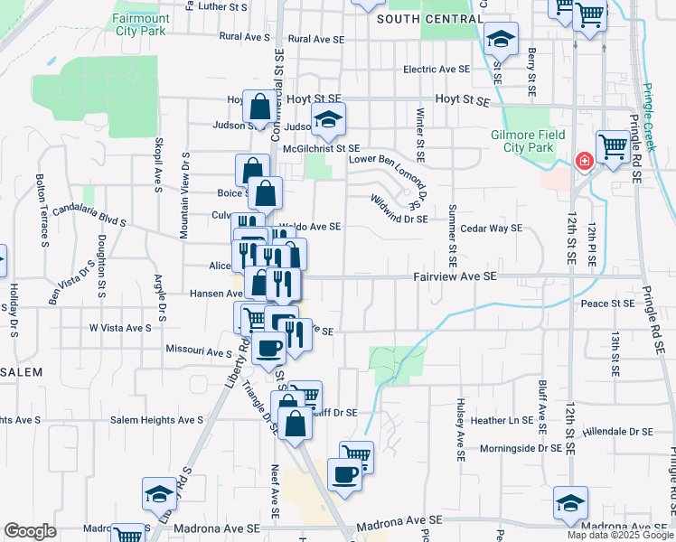 map of restaurants, bars, coffee shops, grocery stores, and more near 550 Fairview Avenue Southeast in Salem
