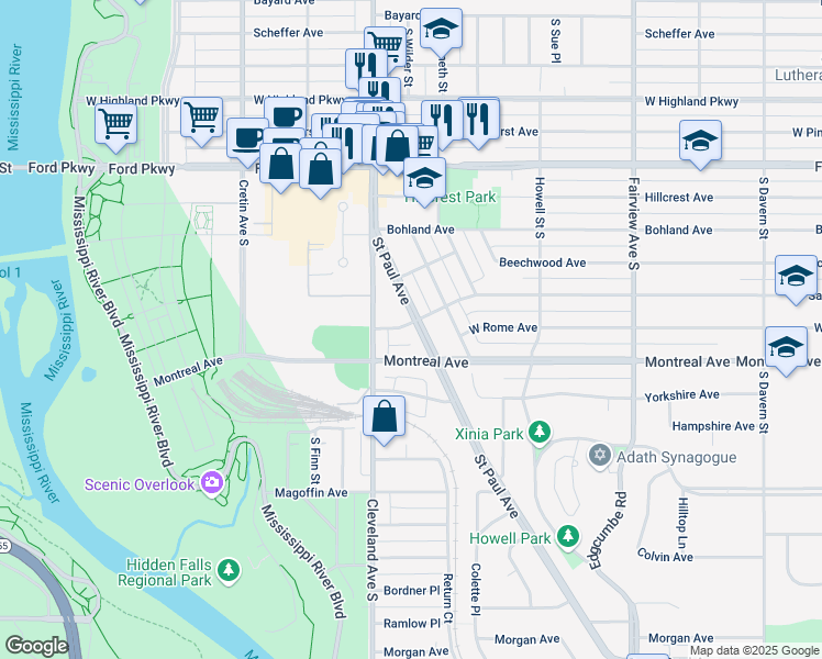 map of restaurants, bars, coffee shops, grocery stores, and more near 2023 Montreal Avenue in Saint Paul