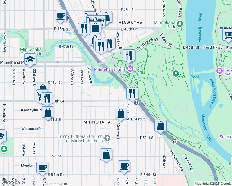 map of restaurants, bars, coffee shops, grocery stores, and more near 4126 East 50th Street in Minneapolis