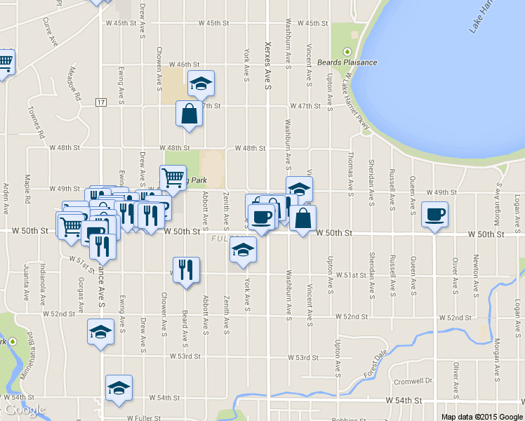 map of restaurants, bars, coffee shops, grocery stores, and more near 4946 Xerxes Avenue South in Minneapolis