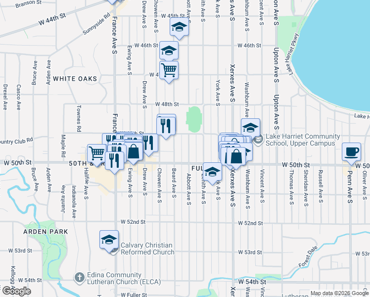 map of restaurants, bars, coffee shops, grocery stores, and more near 4941 Abbott Avenue South in Minneapolis