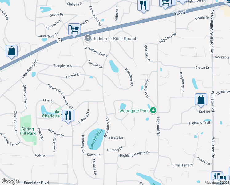 map of restaurants, bars, coffee shops, grocery stores, and more near 15824 Woodgate Road North in Minnetonka