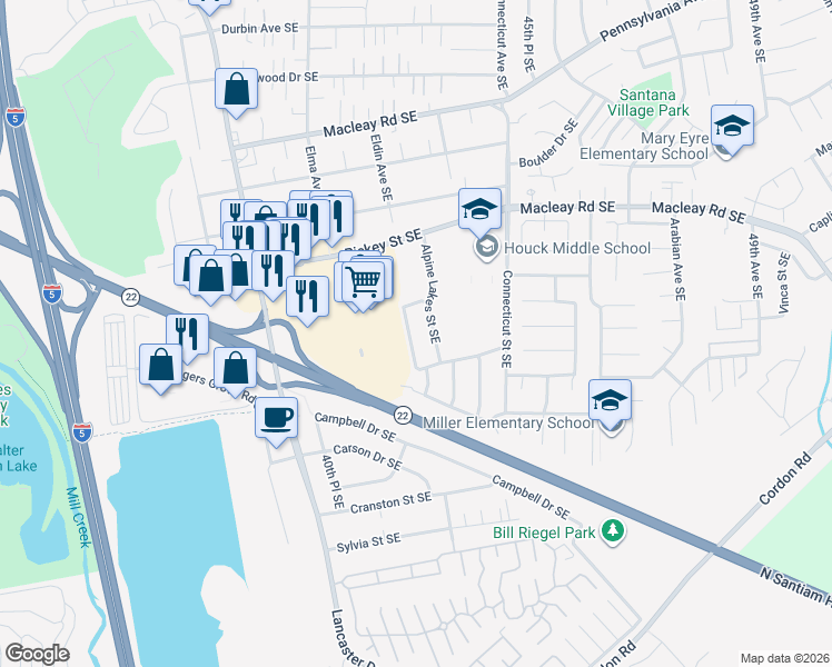 map of restaurants, bars, coffee shops, grocery stores, and more near 1421 Glacier View Street Southeast in Salem