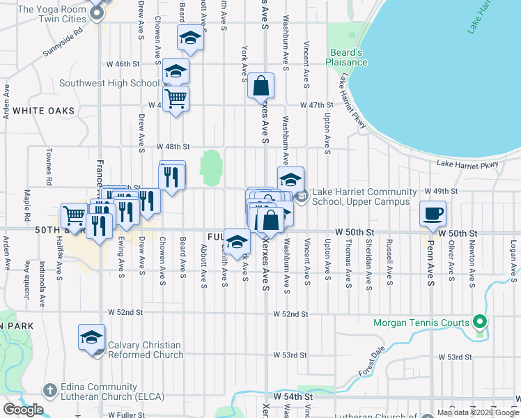 map of restaurants, bars, coffee shops, grocery stores, and more near 4946 Xerxes Avenue South in Minneapolis