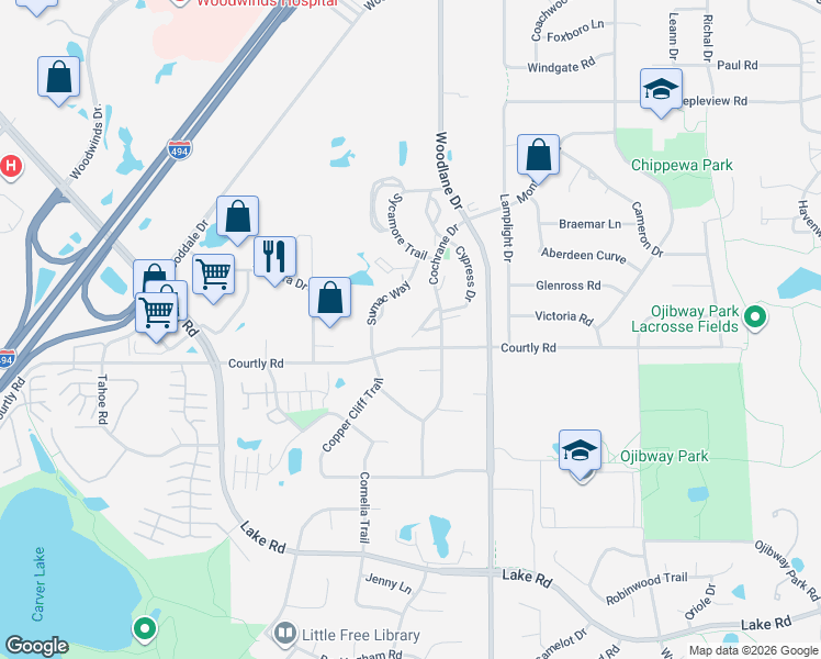 map of restaurants, bars, coffee shops, grocery stores, and more near 2476 Cochrane Circle in Woodbury