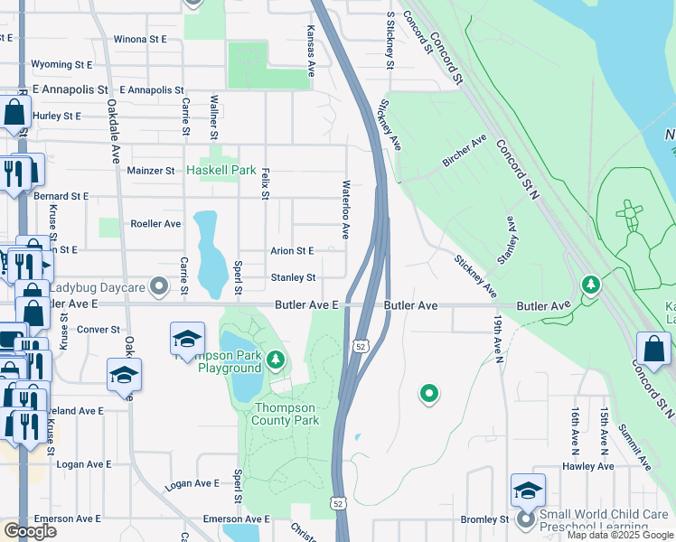 map of restaurants, bars, coffee shops, grocery stores, and more near 1094 Waterloo Avenue in Saint Paul