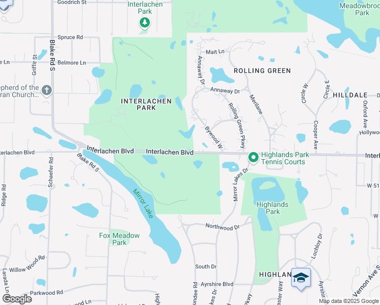 map of restaurants, bars, coffee shops, grocery stores, and more near Interlachen Boulevard in Edina