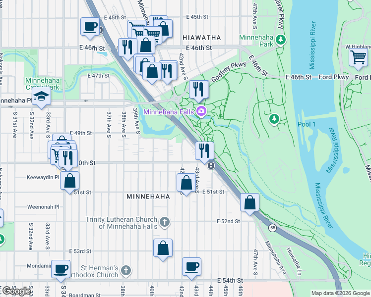 map of restaurants, bars, coffee shops, grocery stores, and more near 4116 East 50th Street in Minneapolis