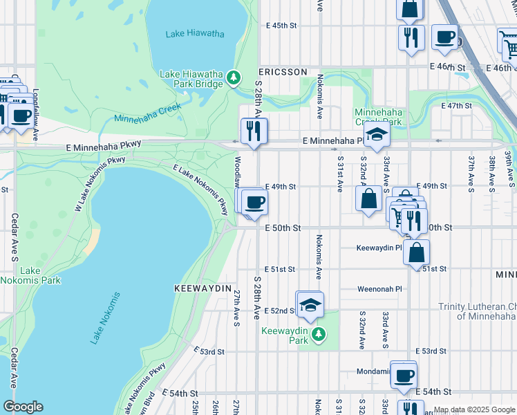 map of restaurants, bars, coffee shops, grocery stores, and more near 4950 South 28th Avenue in Minneapolis