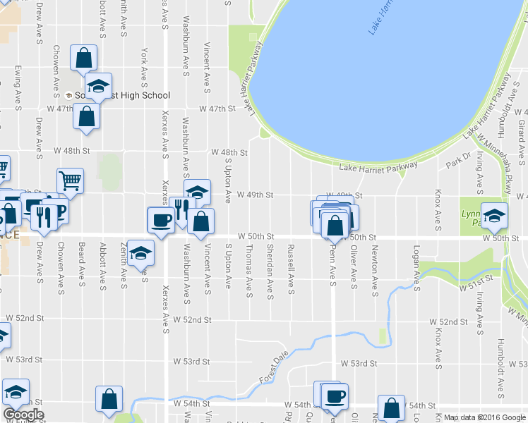 map of restaurants, bars, coffee shops, grocery stores, and more near 4941 Thomas Avenue South in Minneapolis