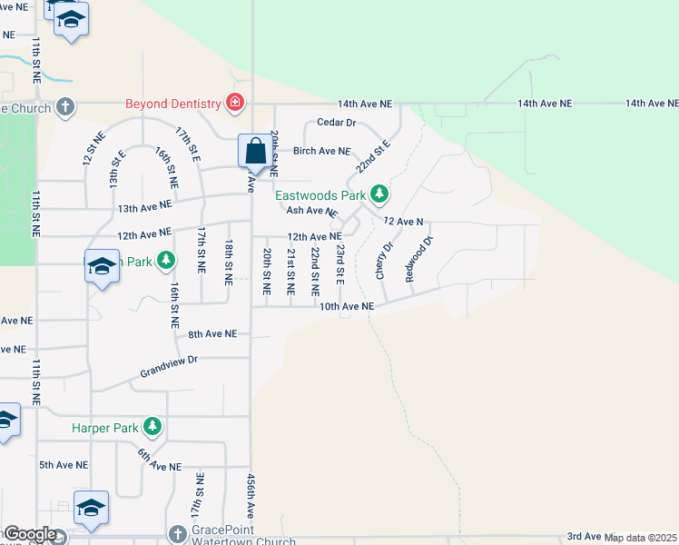 map of restaurants, bars, coffee shops, grocery stores, and more near 1000-1198 22nd St NE in Watertown