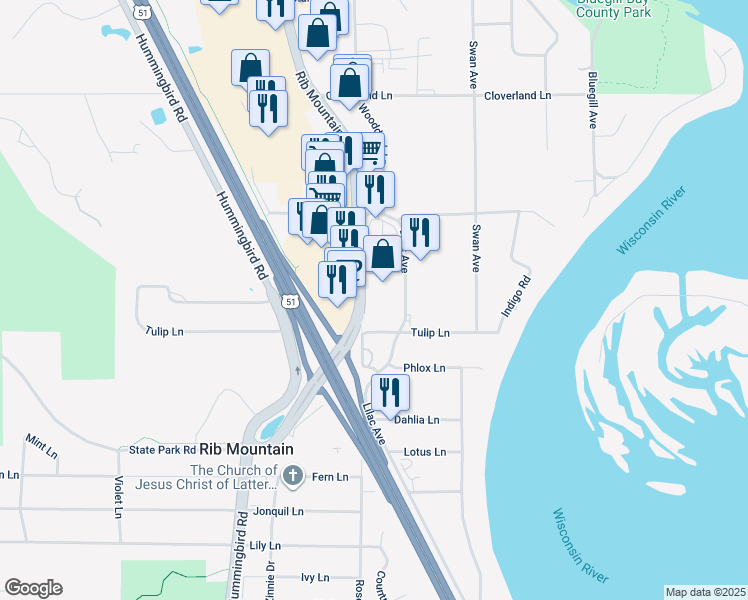 map of restaurants, bars, coffee shops, grocery stores, and more near 225421 Rib Mountain Drive in Wausau