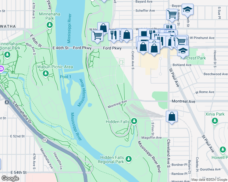 map of restaurants, bars, coffee shops, grocery stores, and more near 1314-1316 S Mississippi River Blvd in St Paul