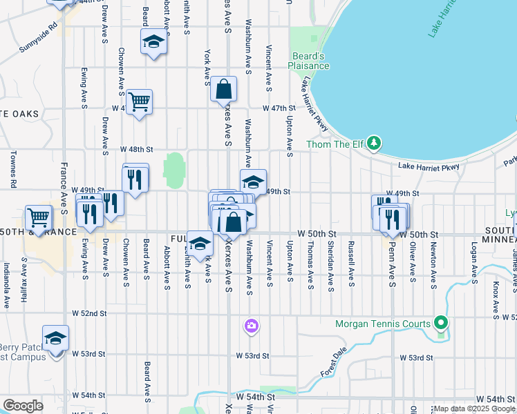 map of restaurants, bars, coffee shops, grocery stores, and more near 4912 Vincent Avenue South in Minneapolis