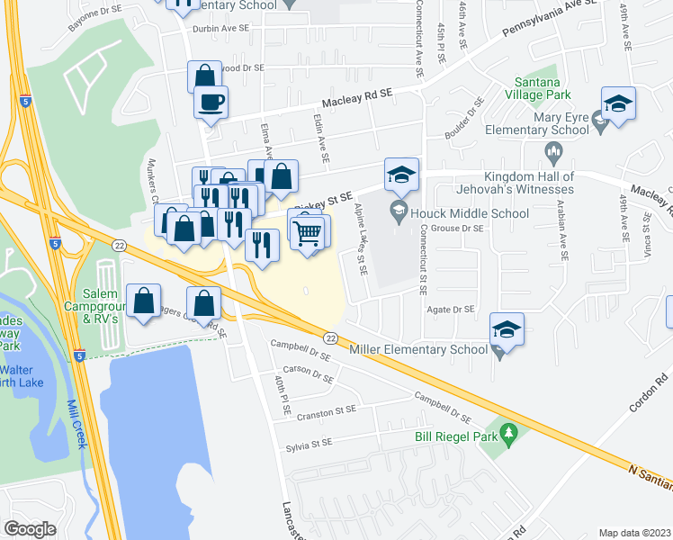 map of restaurants, bars, coffee shops, grocery stores, and more near 1345 Glacier View Street Southeast in Salem