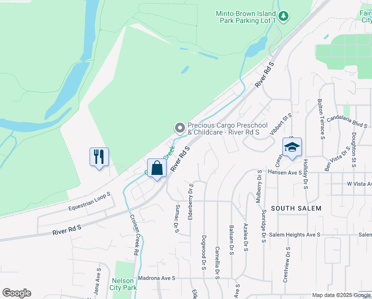 map of restaurants, bars, coffee shops, grocery stores, and more near 2842 River Rd S in Salem