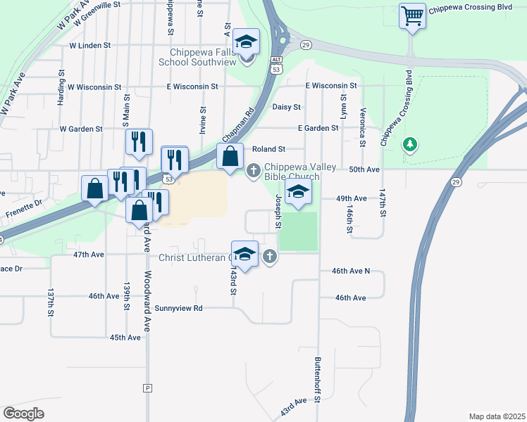 map of restaurants, bars, coffee shops, grocery stores, and more near 588 Maitland Drive in Chippewa Falls