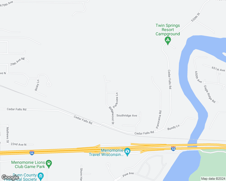 map of restaurants, bars, coffee shops, grocery stores, and more near 2532 Ridgewood Street in Menomonie