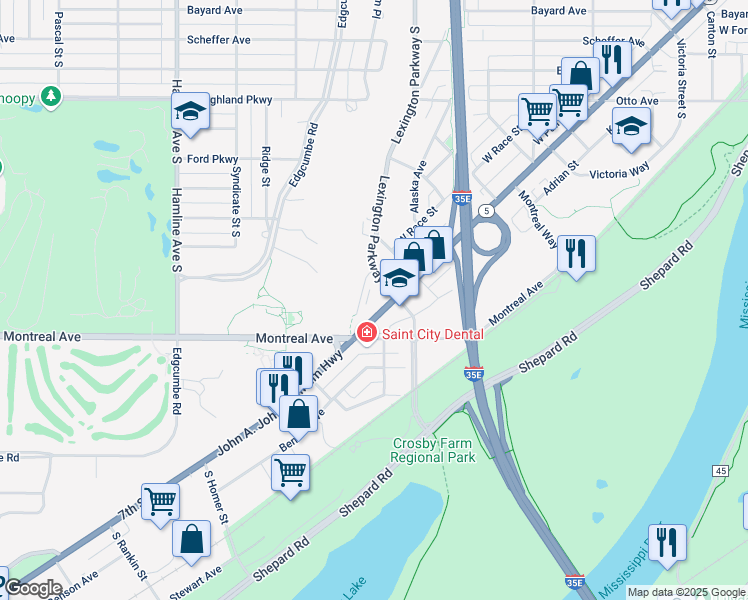 map of restaurants, bars, coffee shops, grocery stores, and more near 1810 7th Street West in Saint Paul