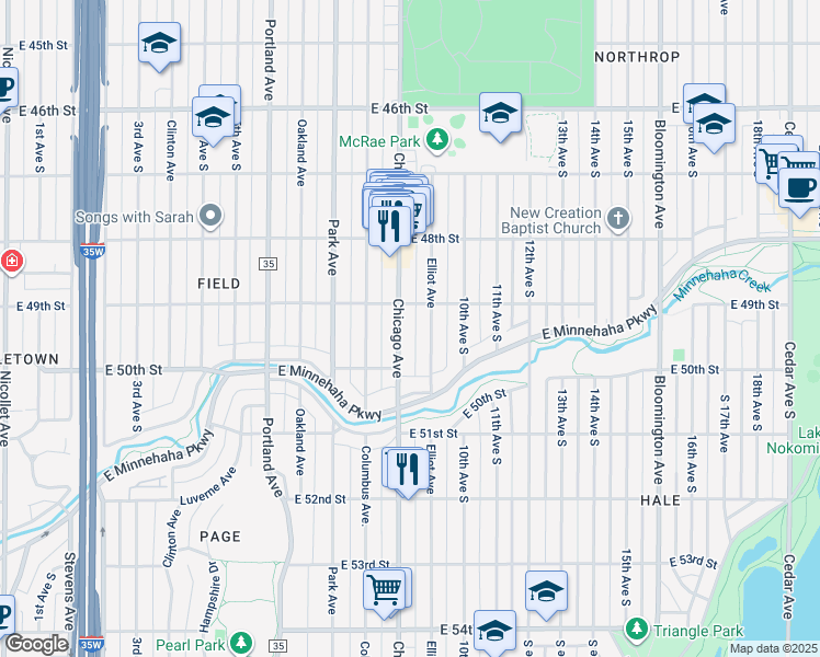 map of restaurants, bars, coffee shops, grocery stores, and more near 4935 Chicago Avenue in Minneapolis