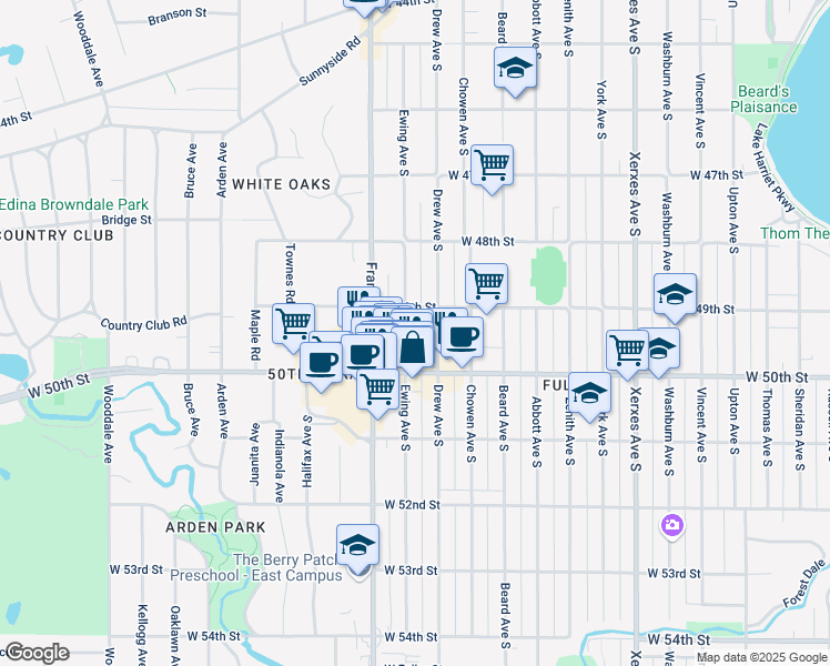 map of restaurants, bars, coffee shops, grocery stores, and more near 4940 Drew Avenue South in Minneapolis