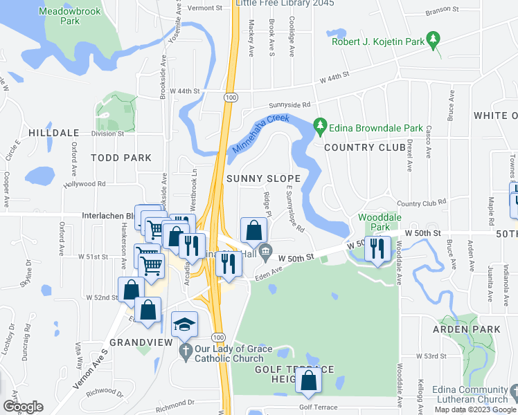map of restaurants, bars, coffee shops, grocery stores, and more near 4916 Dale Drive in Minneapolis